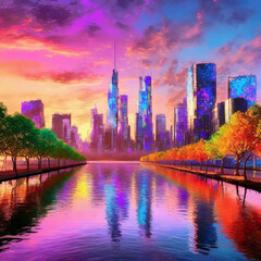 Fototapeta premium a futuristic city skyline with trees and water at sunset