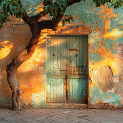 rustic african wall with tree and old wooden door