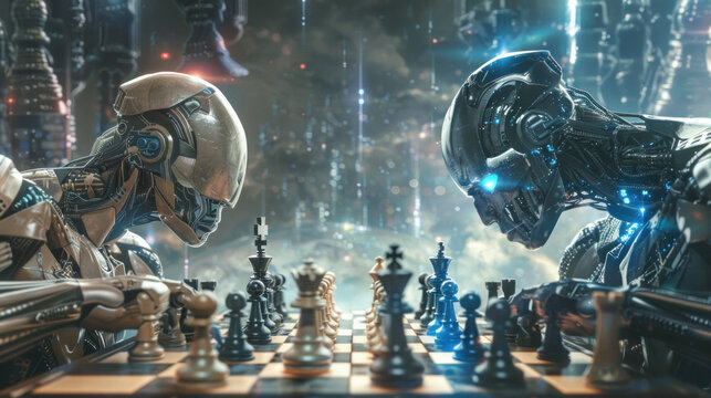 Epic Showdown: An epic image depicting a showdown between a human chess master and a formidable AI opponent, with intense concentration. Generative AI