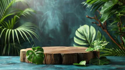 Wood slice podium and green tropical leaves. Concept scene stage showcase for new product, promotion sale