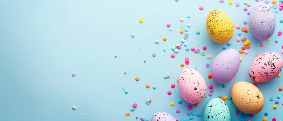 easter eggs with candy on free blue space for editing 