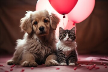 Fototapeta na wymiar Dog and Cat Sitting Together With Valentine Heart Ball Generative AI