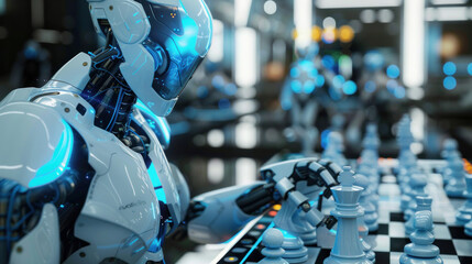Future of Gaming: A futuristic image envisioning a world where AI-powered robots and humans collaborate in strategic games like chess, blurring the lines between man and machine. Generative AI