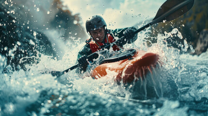 An intense action shot of a kayaker in protective gear navigating turbulent white water rapids. - obrazy, fototapety, plakaty