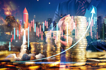Businessman with stock trade chart grow up and step coins money display with space rocket taking off, night sky with milky way background - 762383002