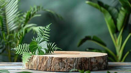 Wood slice podium and green tropical leaves. Concept scene stage showcase for new product, promotion sale