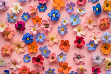 Colorful beautiful flowers isolated on clean and clear pink background, flowers wallpaper concept, top view of colorful spring flowers seamless pattern, Seamless pattern of colorful flowers and leaves