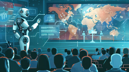 Global Connectivity: A visionary image depicting the robotic lecturer delivering a lecture to a diverse group of students from around the world, with video screens displaying virtual classrooms. 