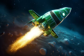 Miniature Rocket green colors fly model. Spacecraft metal color verdant. Generate Ai