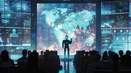 Global Connectivity: A visionary image depicting the robotic lecturer delivering a lecture to a diverse group of students from around the world, with video screens displaying virtual classrooms.  - obrazy, fototapety, plakaty