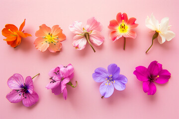 Colorful beautiful flowers isolated on clean and clear pink background, flowers wallpaper concept, top view of colorful spring flowers seamless pattern, Seamless pattern of colorful flowers and leaves