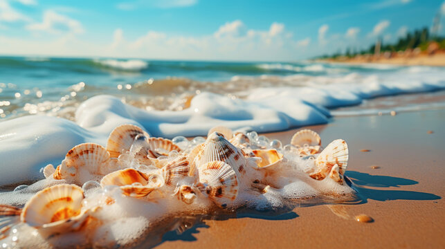  Super detailed photo of summer seashells and water waves outdoors. Free space for your decor. Generative AI
