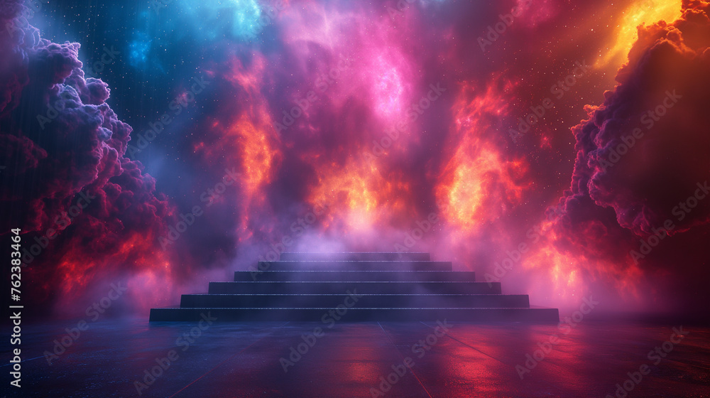 Poster perspective color set abstract design consisting of glowing stage clouds on a black background with 
