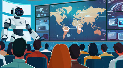 Global Connectivity: A visionary image depicting the robotic lecturer delivering a lecture to a diverse group of students from around the world, with video screens displaying virtual classrooms.  - obrazy, fototapety, plakaty