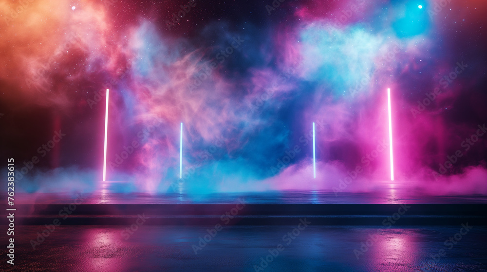 Poster perspective color set abstract design consisting of glowing stage clouds on a black background with 