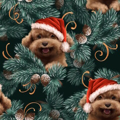 Christmas seamless pattern with dog and fir branches. Winter holiday background - 762383638