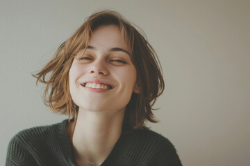Obraz premium Happy young woman with closed eyes smiling against white background, serene and joyful expression portrait