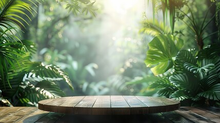 Wood tabletop podium floor in outdoors blue green tropical leaf tropical forest nature landscape background.