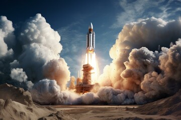 Brilliant Rocket launch fire takeoff. Blast travel. Generate Ai - obrazy, fototapety, plakaty