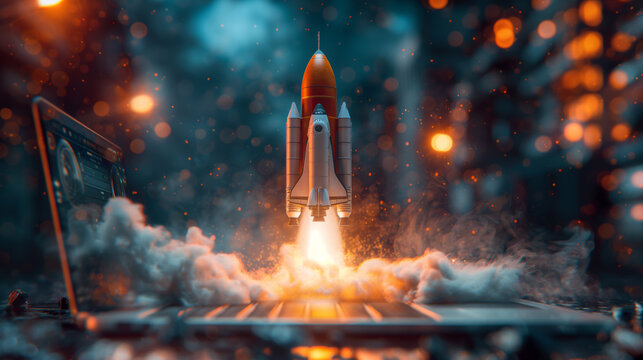 A space shuttle rocket successfully soars above a desktop laptop display frame. The idea took off and it was a success. Creativity, development, marketing and applications