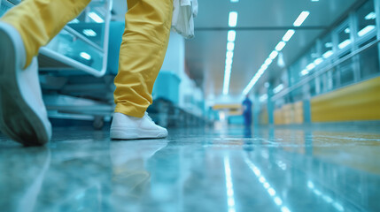 Obraz premium Very low camera. Hospital hallway with walking nurse and hospital bed. Very low camera.