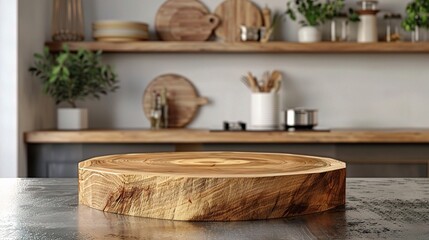 Fototapeta na wymiar Wooden pedestal on table in kitchen interior and free space