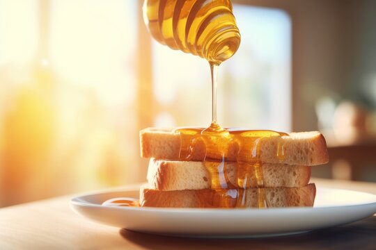 three delectable honey-drizzled toasts on a white plate in a modern, sunlit kitchen