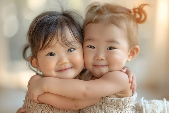 Twin asian girls embracing with bokeh background. Warm familial love and childhood happiness concept. Outdoor portrait photography for lifestyle and child development themes