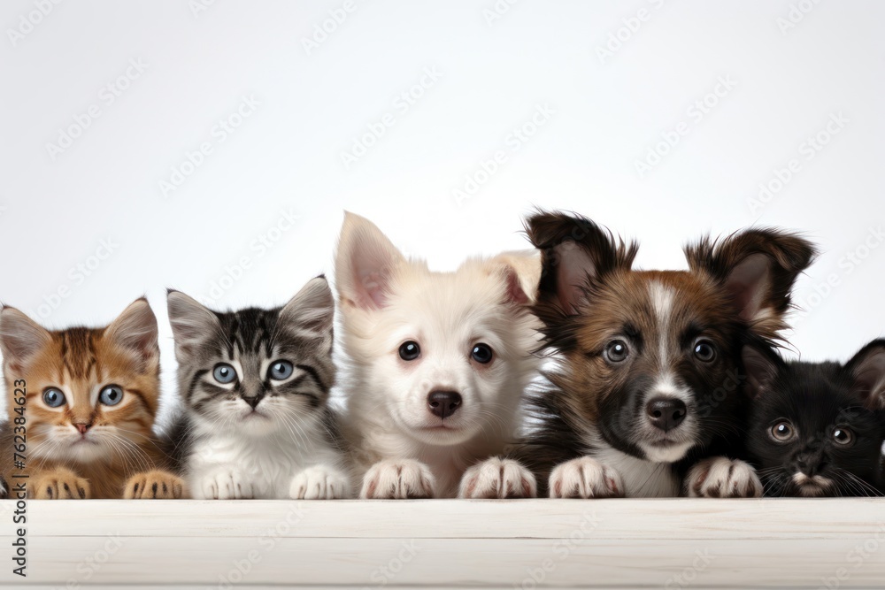 Poster puppies and kittens sitting on table generative ai