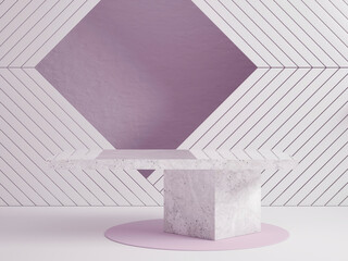 Abstract minimal geometric background for product advertising; simple presentation mock-up with marble cube table  and sphere against diagonal background, 3d rendering, 3d illustration