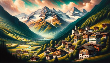 Oil Painting of Guarda, Switzerland