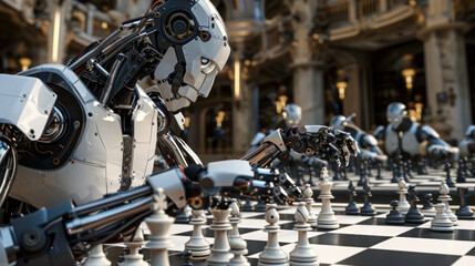 Robot Mastermind: An awe-inspiring image featuring a towering robot overlooking a chessboard, with multiple robotic arms executing precise moves simultaneously. Generative AI - obrazy, fototapety, plakaty