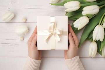 Close-up of hands holding an elegant gift box with fresh white tulips on a wooden background.