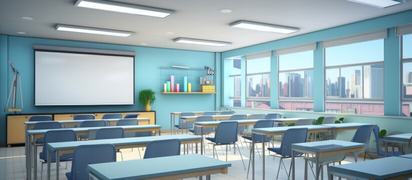 Empty lecture hall or school classroom.