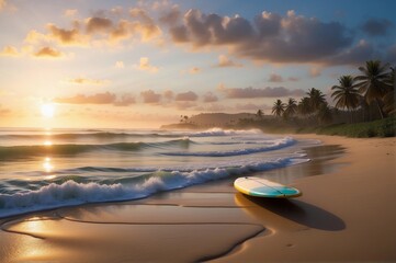 a surfboard on the beach near the ocean at the sunset