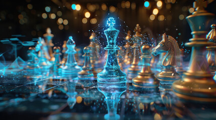 Chessboard of the Future: An imaginative image portraying a futuristic chessboard with holographic projections and interactive AI interfaces. Generative AI - obrazy, fototapety, plakaty