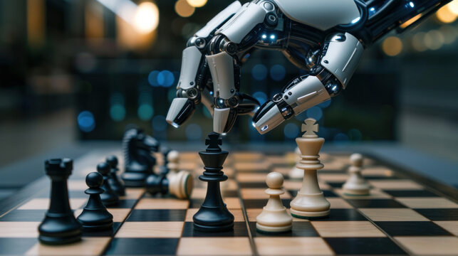 Strategic Triumph: An image capturing the moment when a robotic hand, representing artificial intelligence, confidently moves a chess pawn on the chessboard. Generative AI