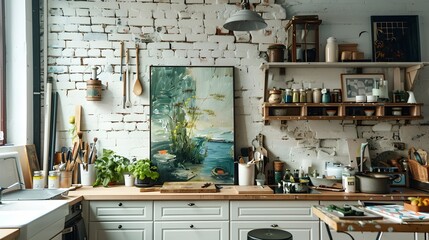 Scandinavian Kitchen Transforming into a Painter's Vibrant Studio - obrazy, fototapety, plakaty