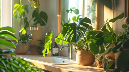 Scandinavian-Inspired Bathroom Vanity Basks in Natural Light and Monstera Deliciosa Plants