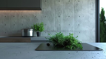 an induction stove and bountiful bundles of verdant rosemary, laid out neatly on an understated table surface, complemented by a clean back wall, the essence of refined simplicity in home design.