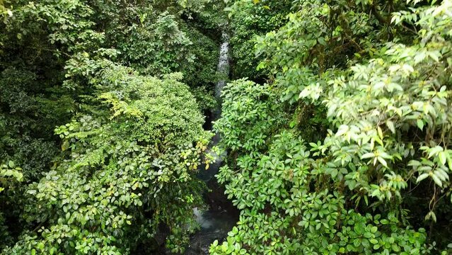 Vista aerea de maravillosas caida de agua oculta entre las monta&ntilde;as, hermosas cascadas de aguas color turquesa llenas de vegetacion en la comarca Ngabe Bugle