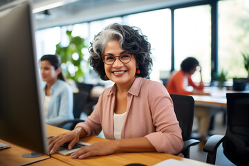 Age diversity at workplace - elderly hispanic professional at her workplace - 762385613