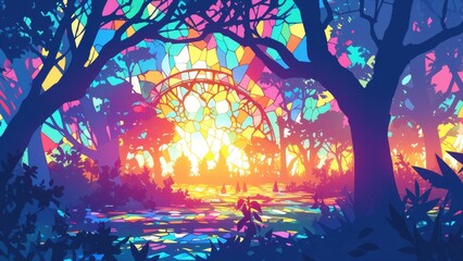 Stained Glass style, rainbow colors, forest