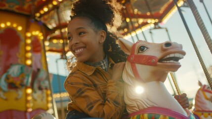 child riding carousel