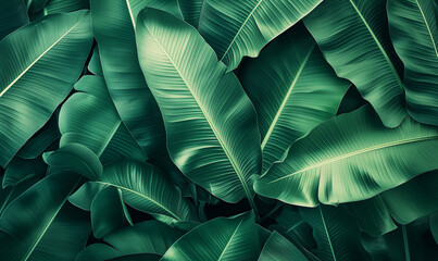 Obraz premium Vibrant green banana leaves background with natural texture. Lush tropical banana leaf texture with vibrant green natural background and organic botanical pattern in a closeup jungle environment