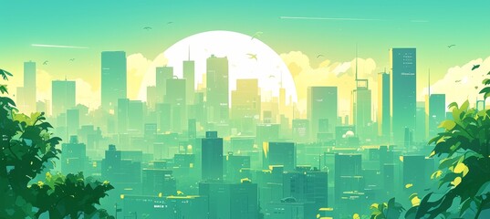 Simplified green cityscape with buildings in shades of light and dark greens
