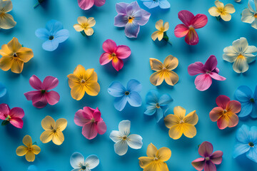 Colorful beautiful flowers isolated on light blue background, abstract flowers wallpaper concept, top view of colorful spring flowers seamless pattern, Seamless pattern of colorful flowers and leaves