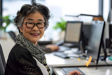 Age divercity at workplace - elderly asian professional at her workplace - 762385851