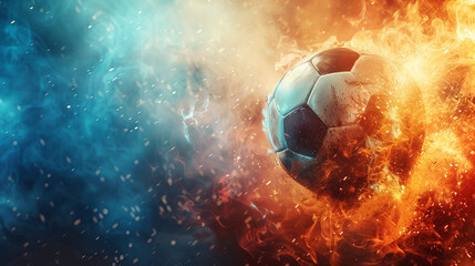 Golden background with a soccer ball. flying fiery ball on red background. Team winning the match, soccer ball on the field with golden confetti. Blurred soccer ball on grass at sunset with goal.  - obrazy, fototapety, plakaty