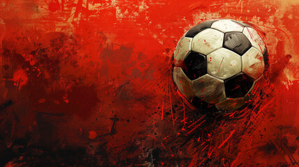 Golden background with a soccer ball. flying fiery ball on red background. Team winning the match, soccer ball on the field with golden confetti. Blurred soccer ball on grass at sunset with goal. 